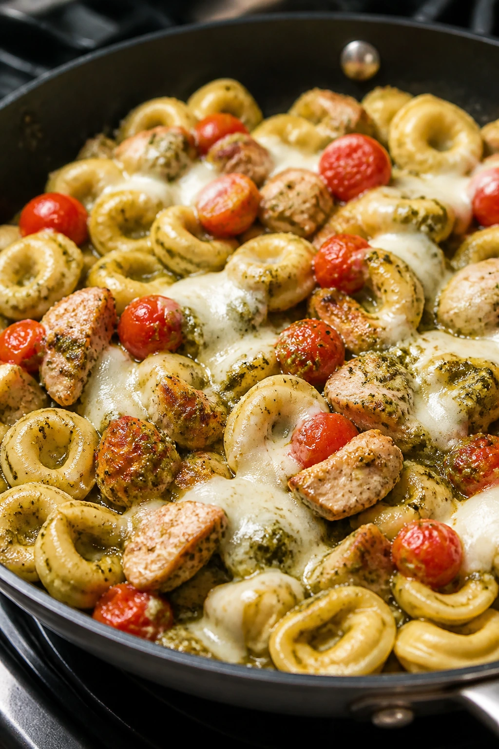Close-up of pesto chicken tortellini skillet with tomatoes and mozzarella