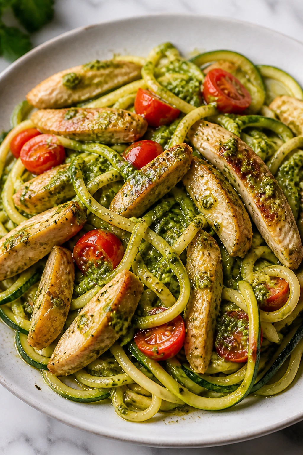Zucchini noodles with chicken and pesto on a plate