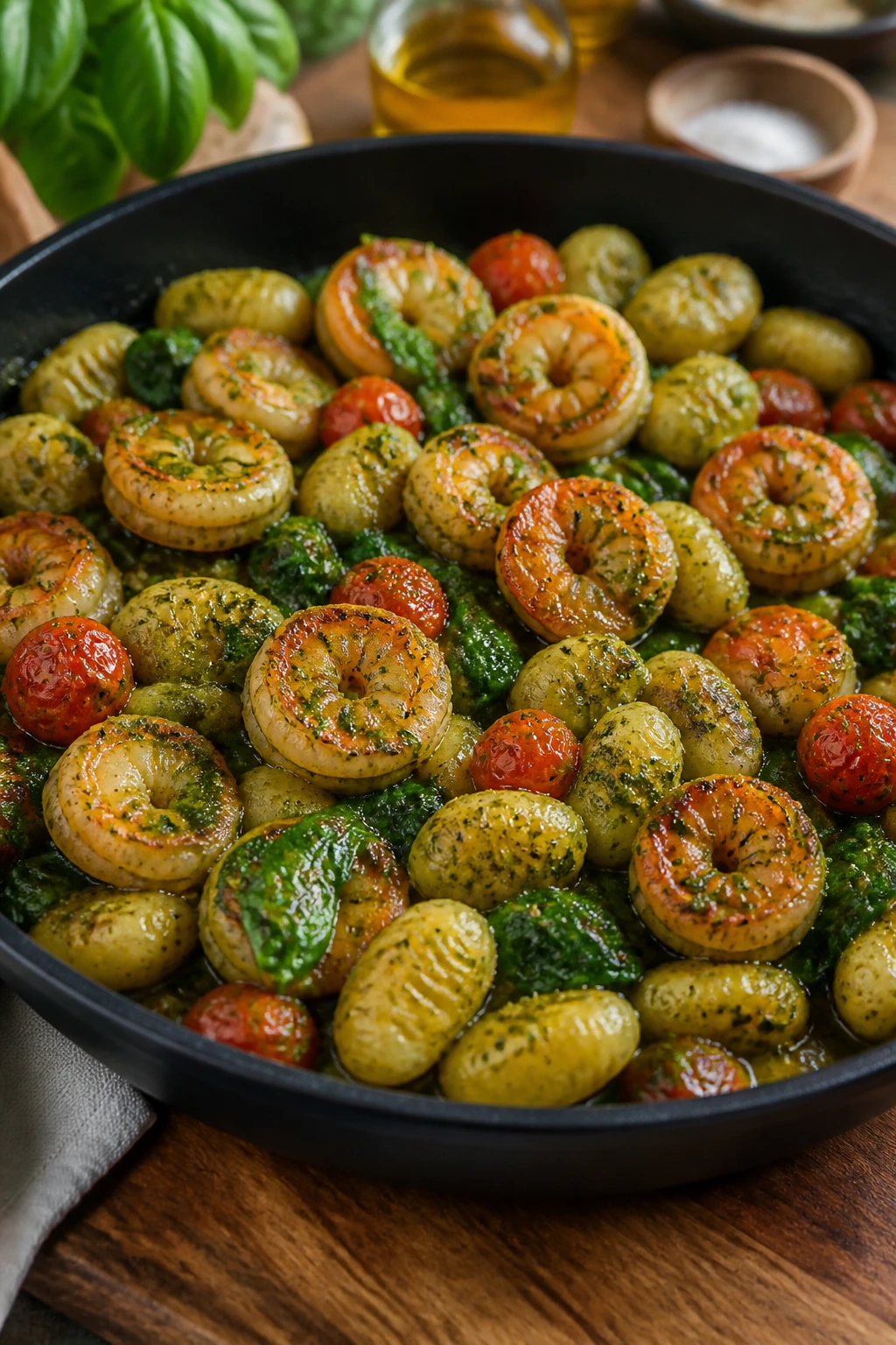 Close-up of Pesto Shrimp and Gnocchi Skillet with crispy gnocchi, shrimp, and pesto in a warm kitchen