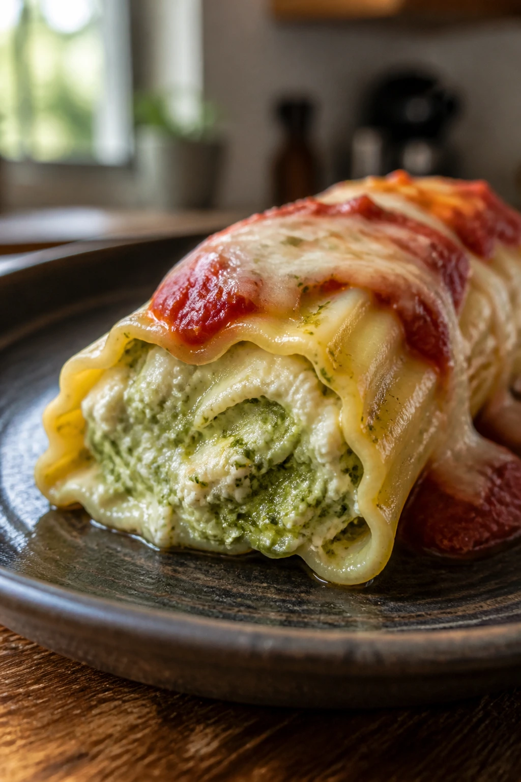 Close-up of Pesto Ricotta and Mozzarella Manicotti on a rustic plate in a cozy kitchen