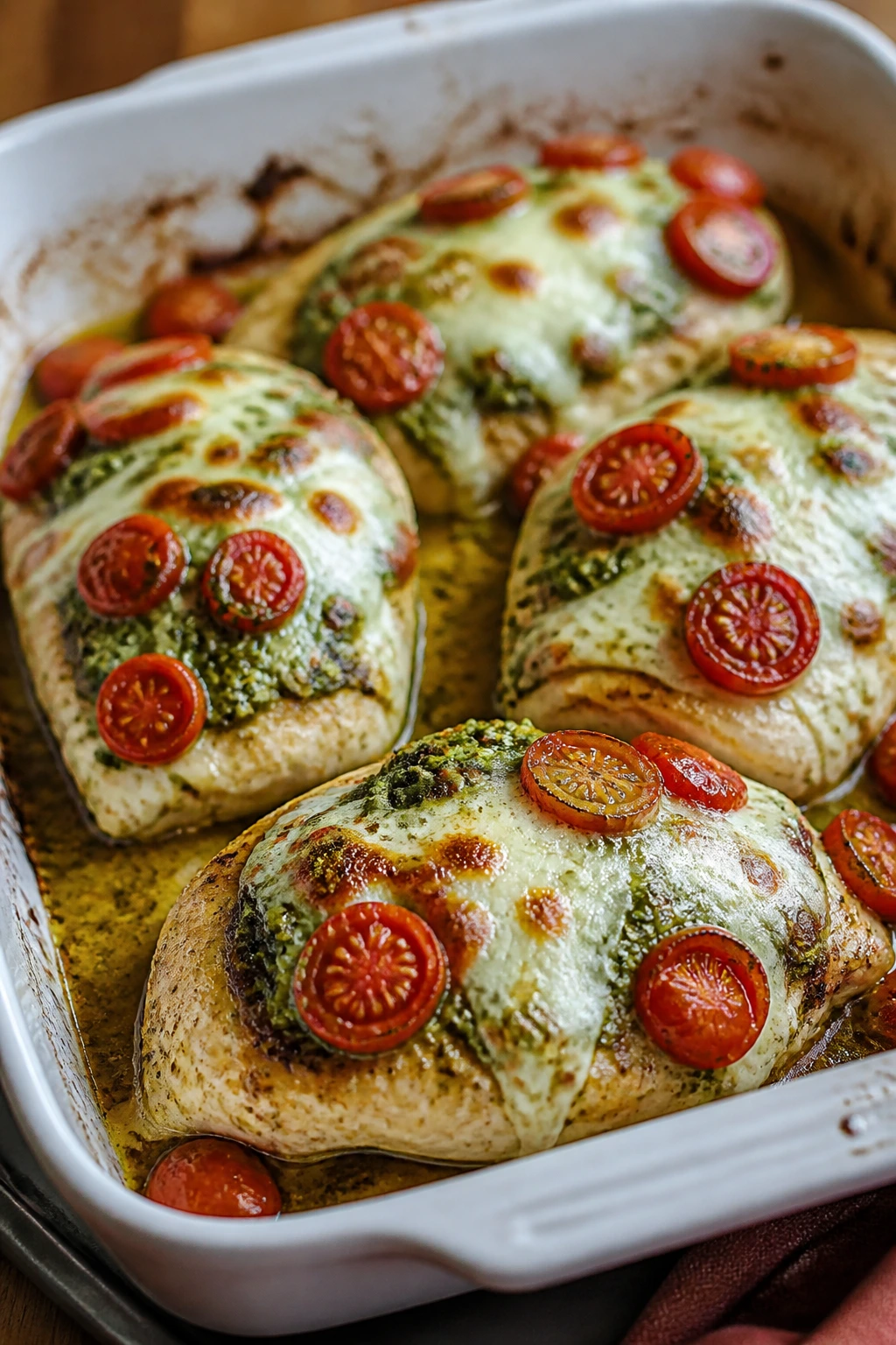 Bake with pesto, mozzarella, and cherry tomatoes on chicken.