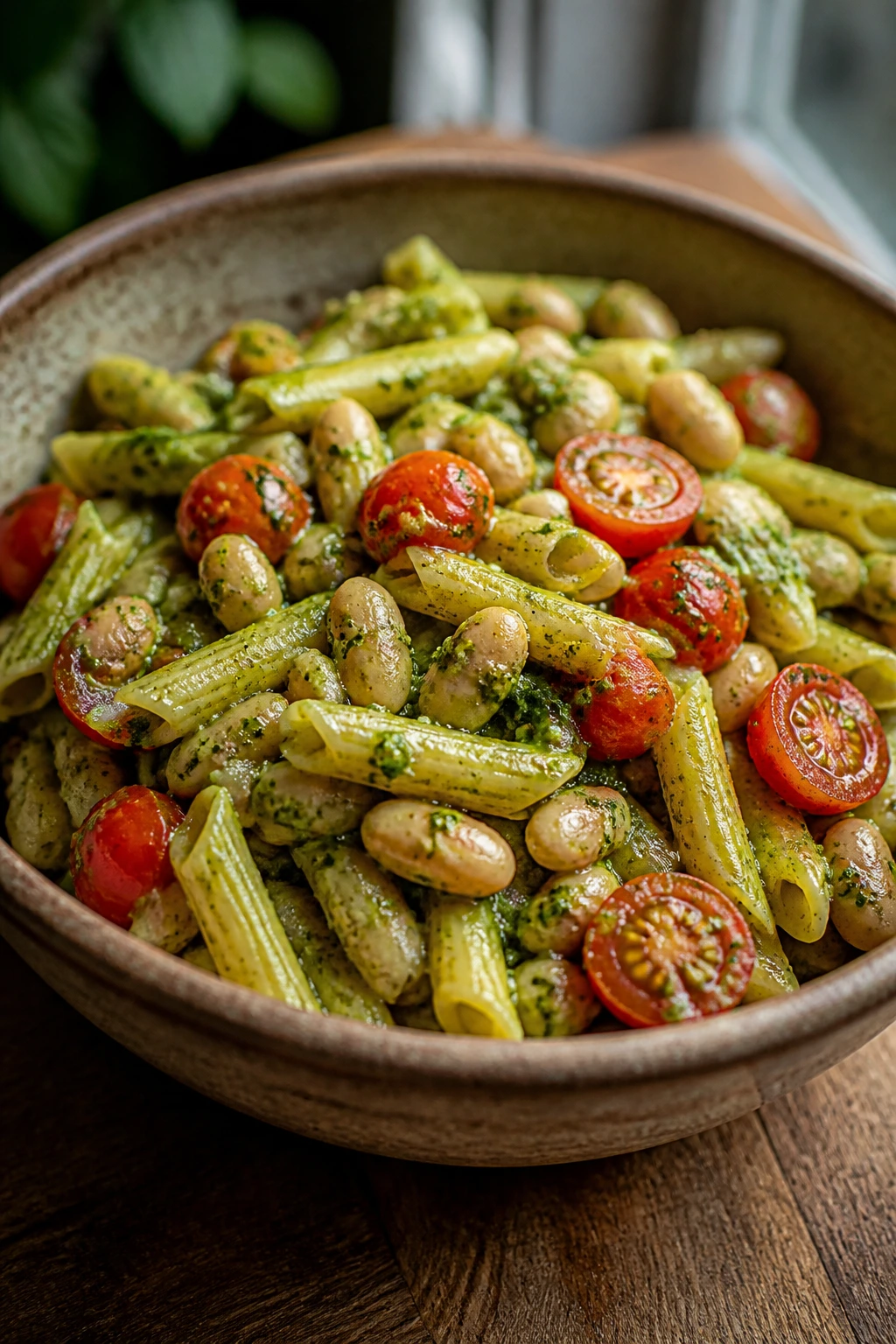 Pesto pasta with beans and tomatoes in a bright bowl