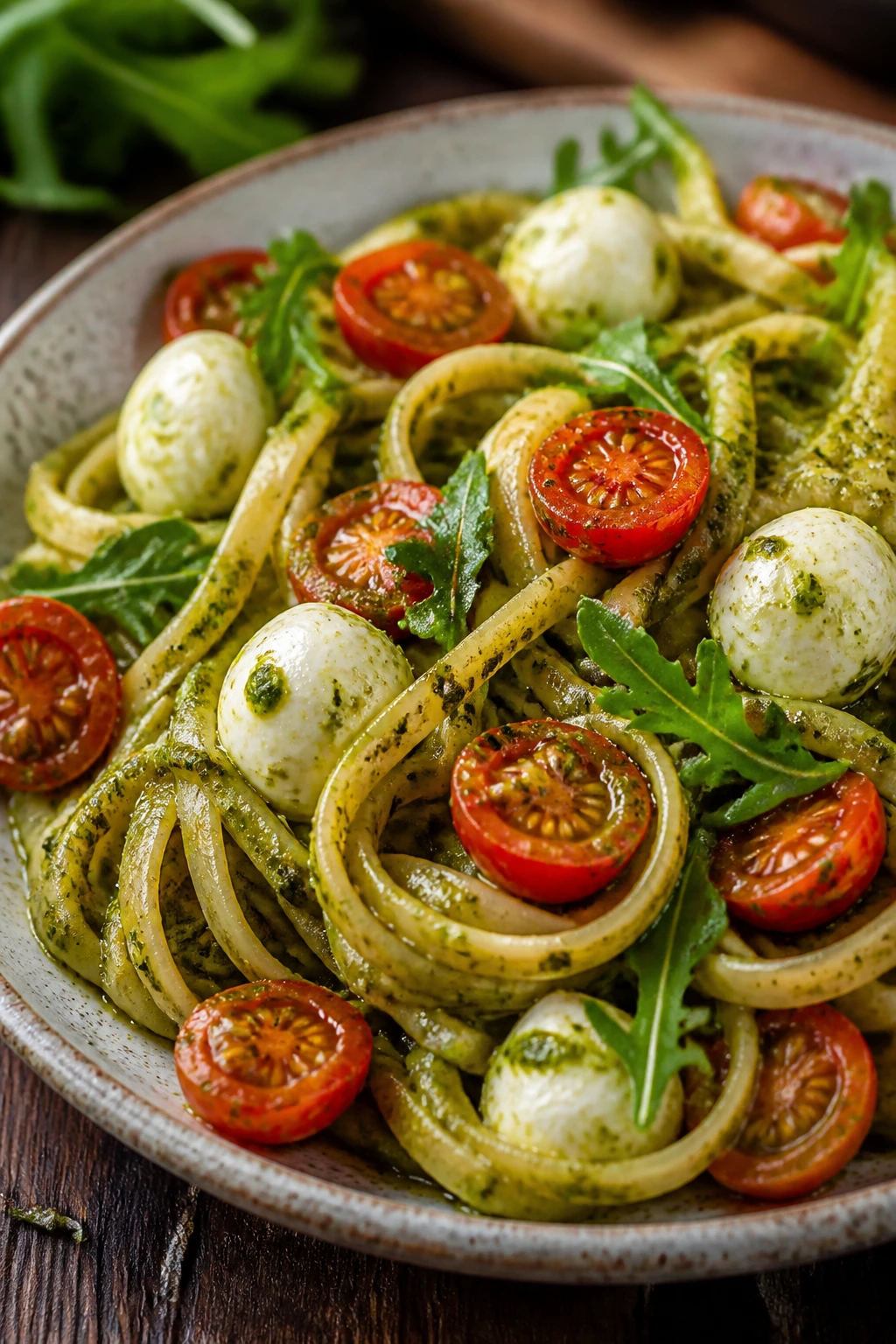 Pesto-coated pasta with cherry tomatoes and mozzarella on a rustic plate.