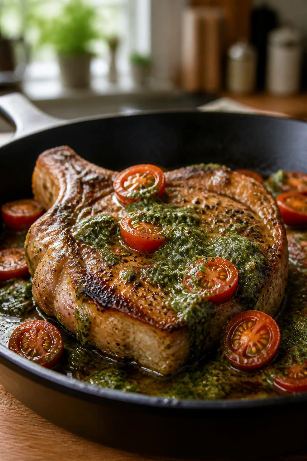 Close-up of pork chop with pesto and cherry tomatoes