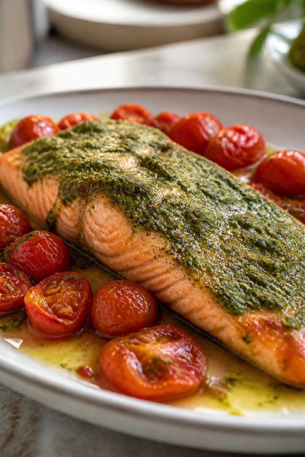 Salmon fillet with pesto and cherry tomatoes on a plate