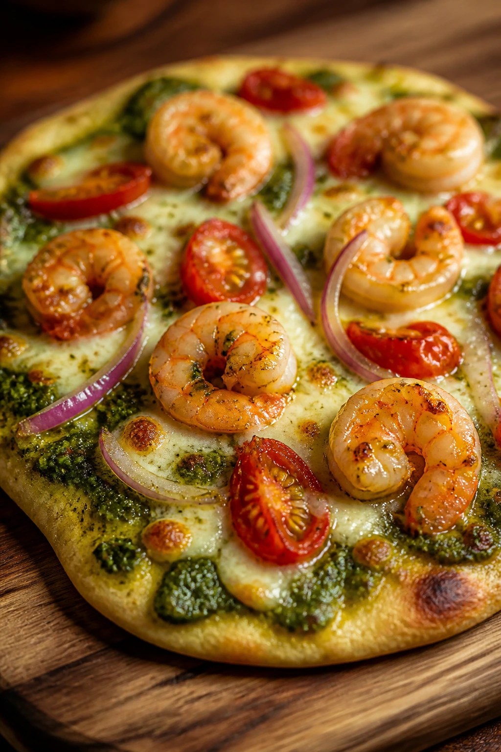 Close-up of a pesto shrimp flatbread on a wooden board