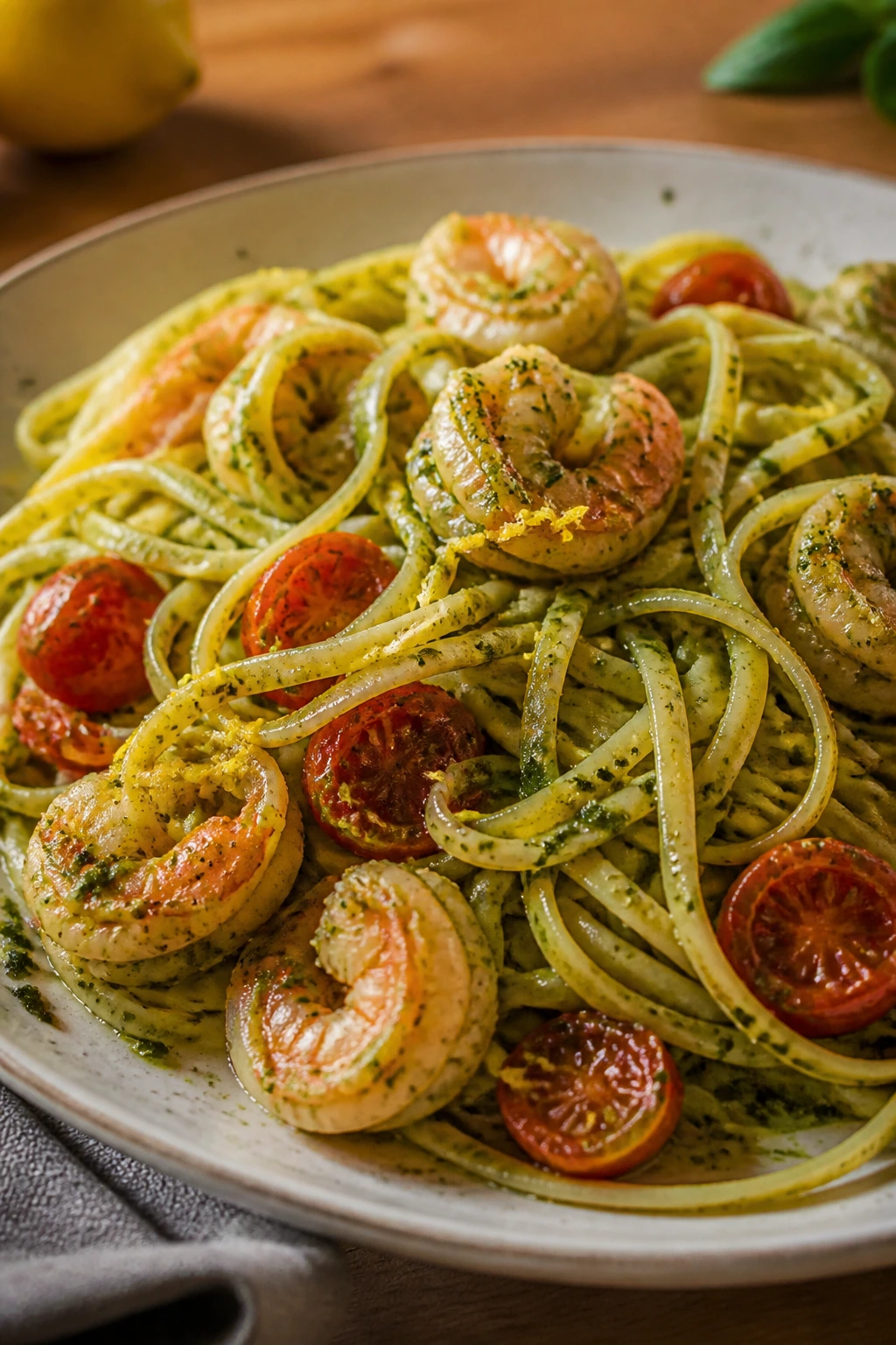 Plate of pesto shrimp linguine with cherry tomatoes on a warm kitchen table.