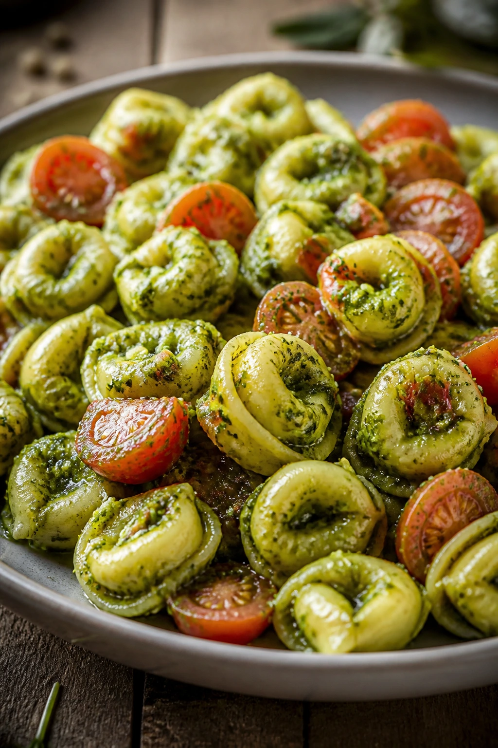 Close-up of pesto tortellini with cherry tomatoes on plate