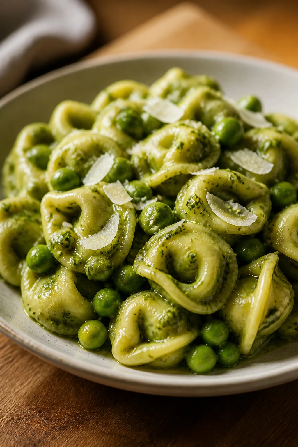 Close-up of pesto tortellini with peas on plate