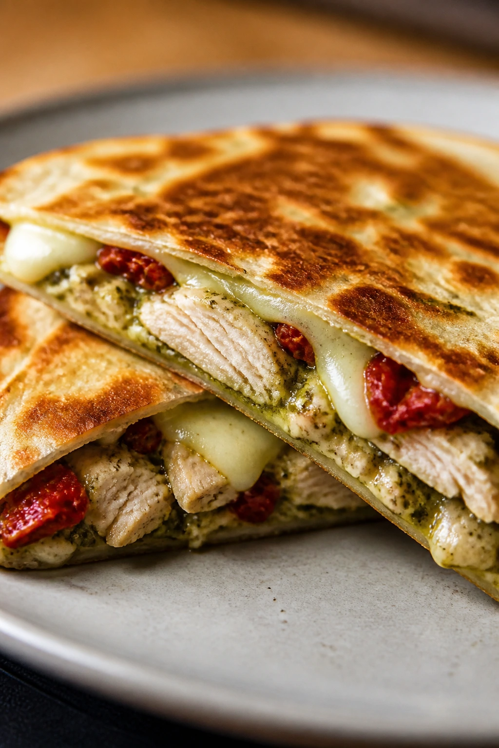 Quesadilla with pesto turkey and melted mozzarella