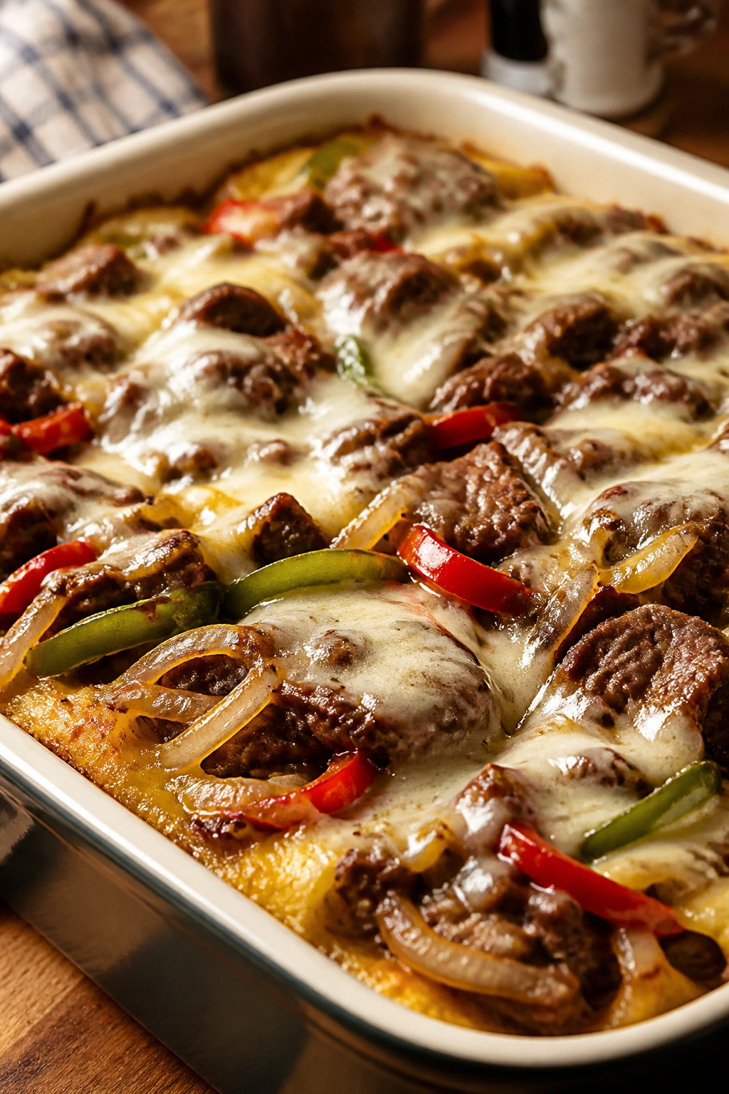 Close-up of Philly cheesesteak hashbrown bake with melted cheese