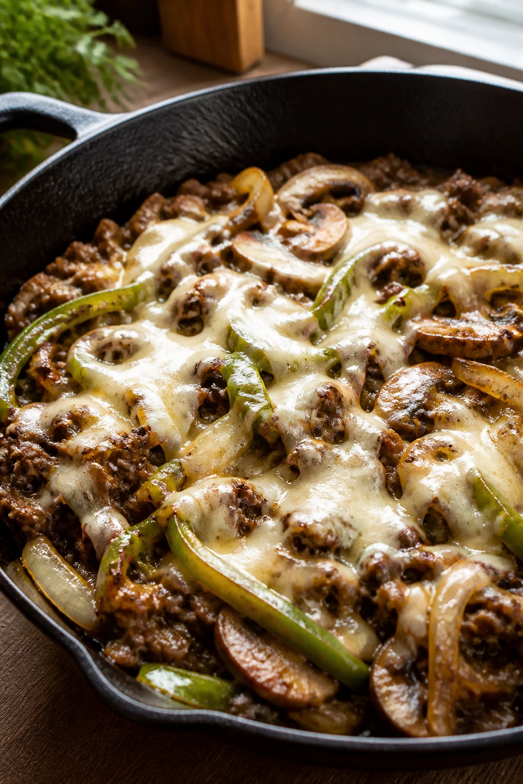 Close-up of Philly cheesesteak skillet with melted provolone