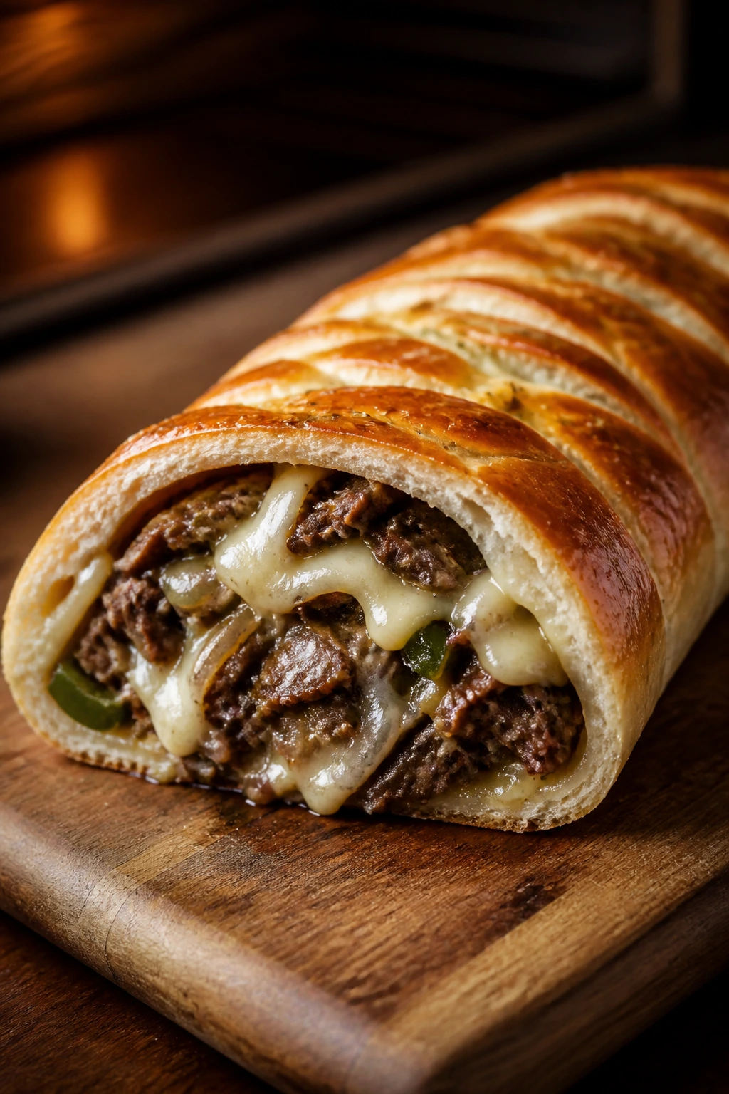 Philly cheesesteak stromboli with onions and peppers melted cheese