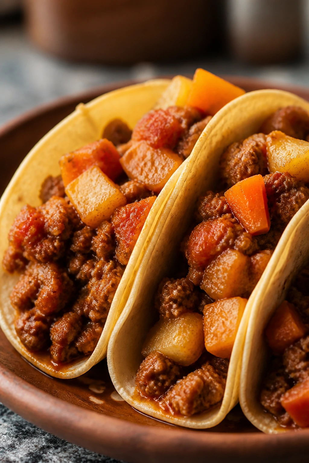 Close-up of Mexican Picadillo Street Tacos with beef, potatoes, and sauce