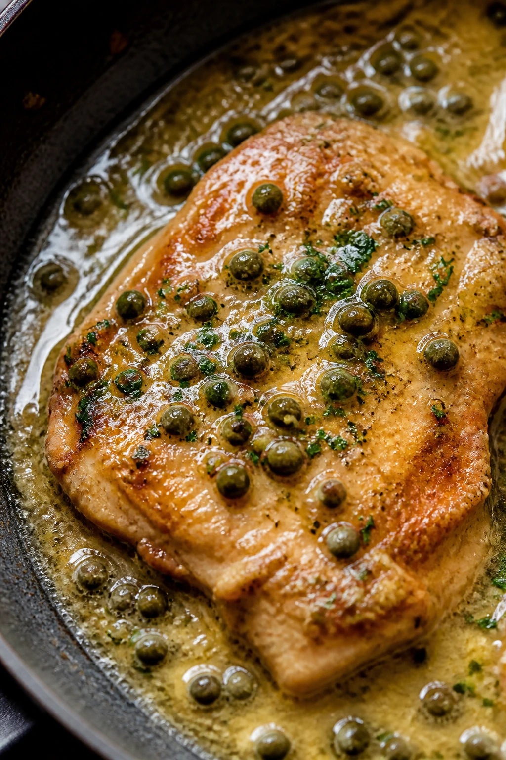 Chicken piccata cutlet with lemon butter sauce and capers in a skillet
