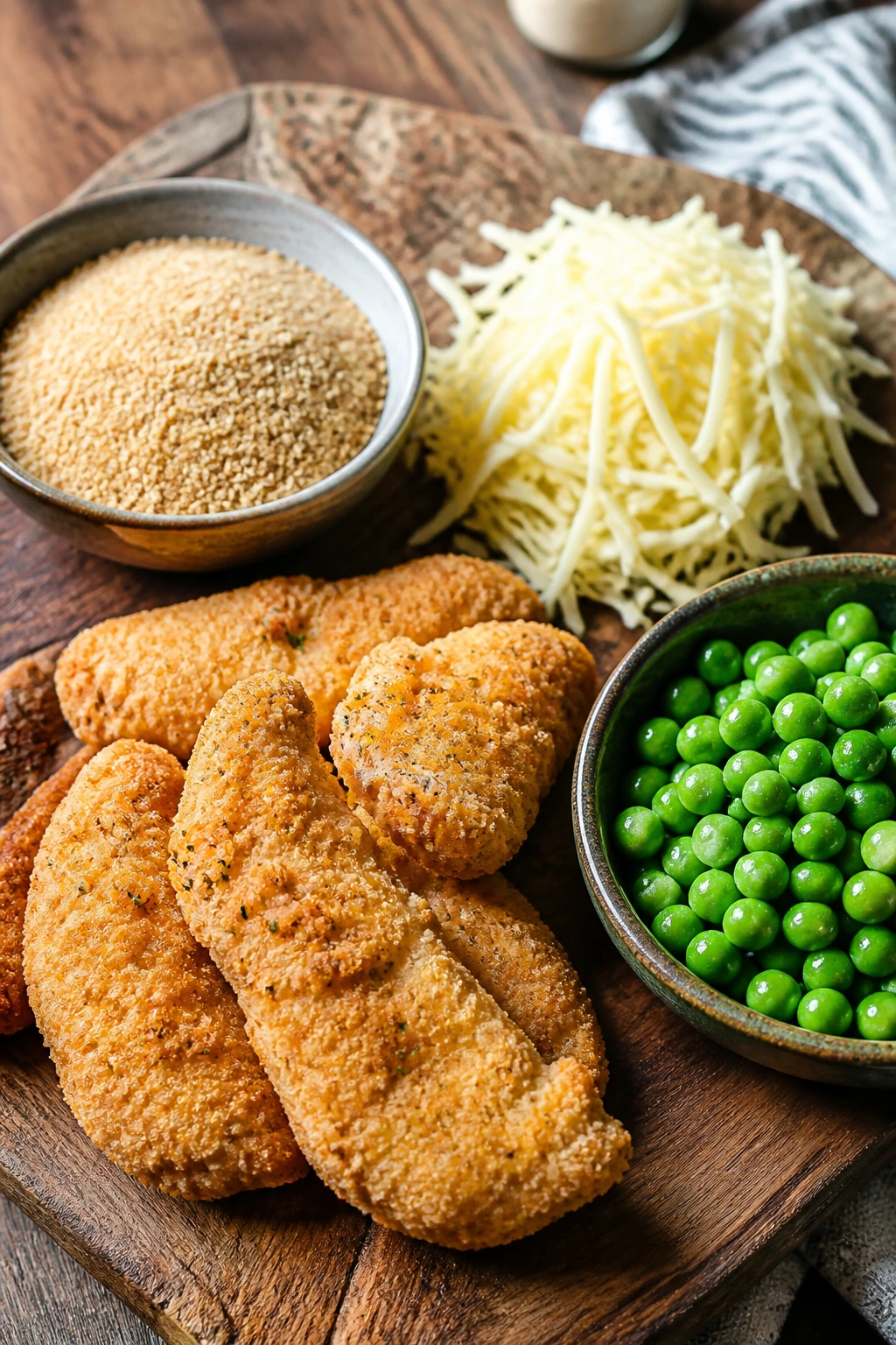 Close-up of familiar picky-eater staples like chicken tenders, breadcrumbs, cheese, and peas on a wooden board.