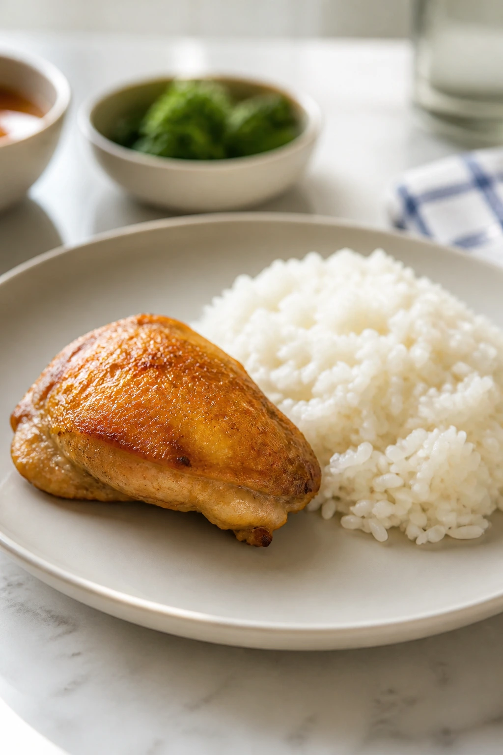 Close-up of a kid-friendly plate with chicken thigh and plain rice on a bright table