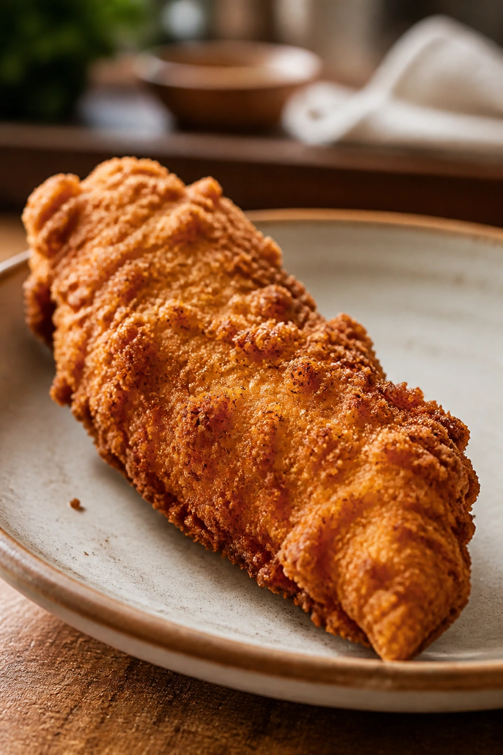 Close-up of a crispy chicken tender on a plate in a warm kitchen