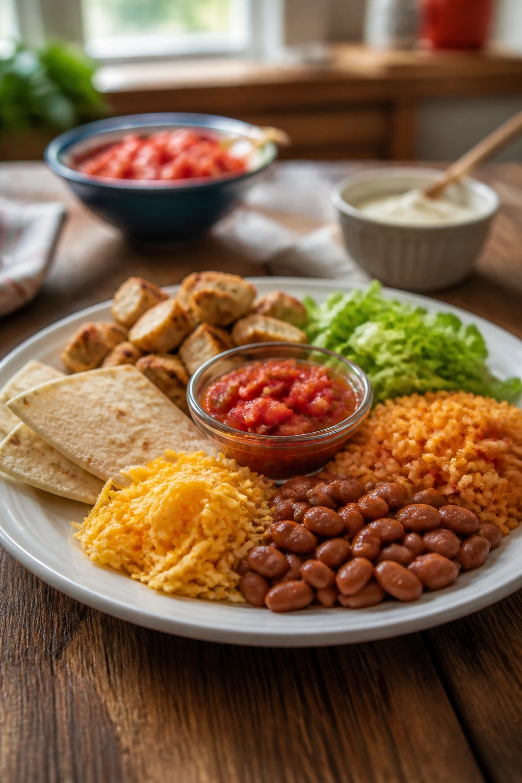 Close-up of a single plate with separated Tex-Mex portions on a rustic table, illustrating picky eating options