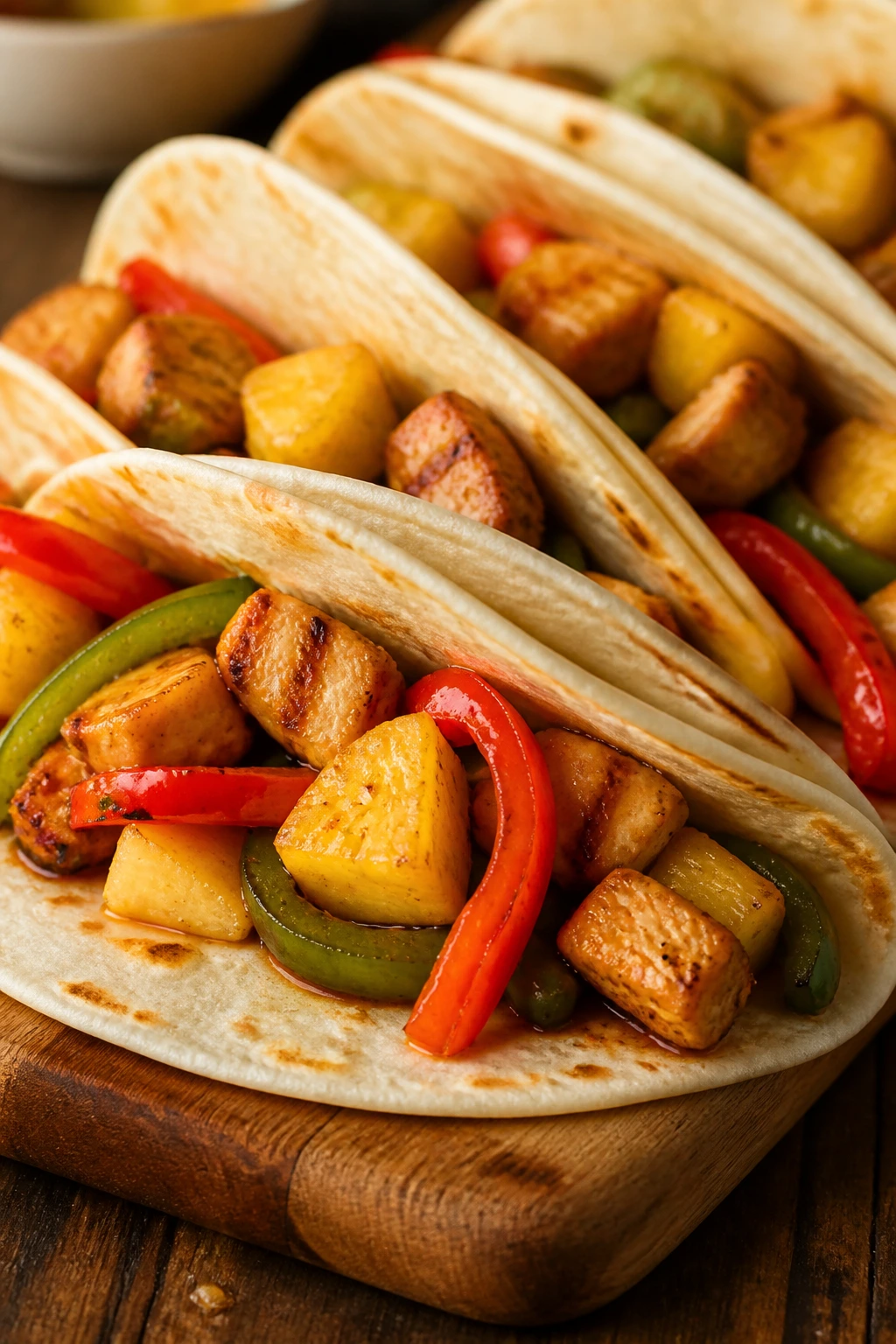Close-up of pineapple chicken fajita tacos on a wooden cutting board