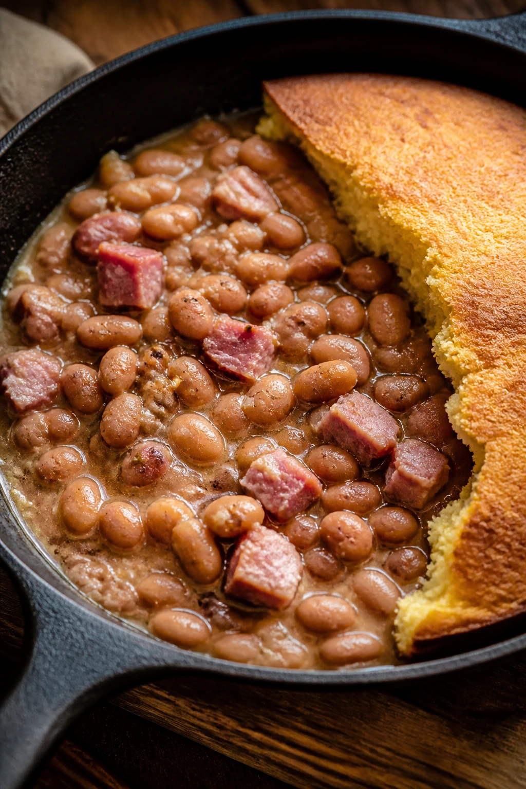 Pinto beans and ham with skillet cornbread in cast iron skillet