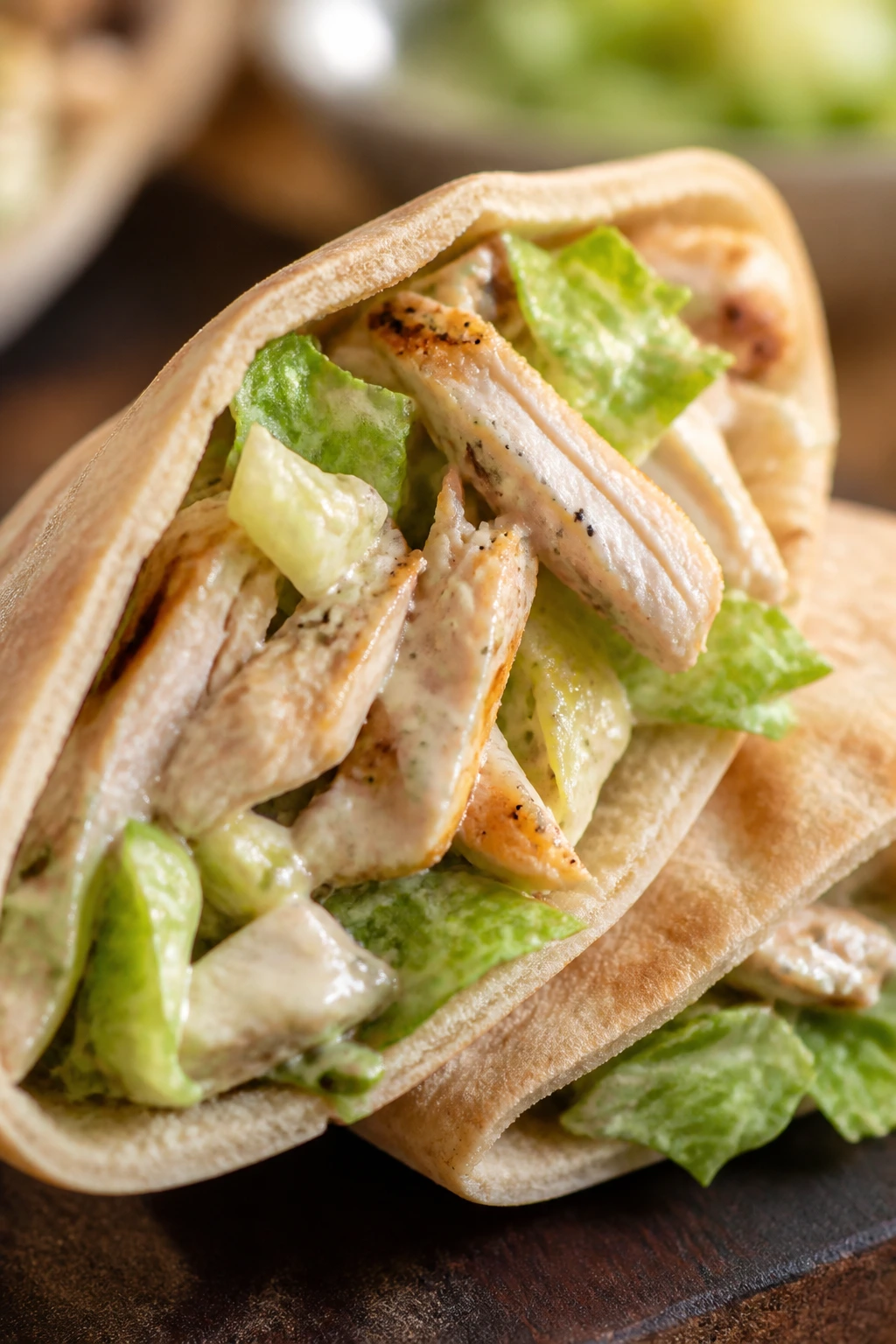 Pita pocket filled with rotisserie chicken and romaine in Caesar dressing