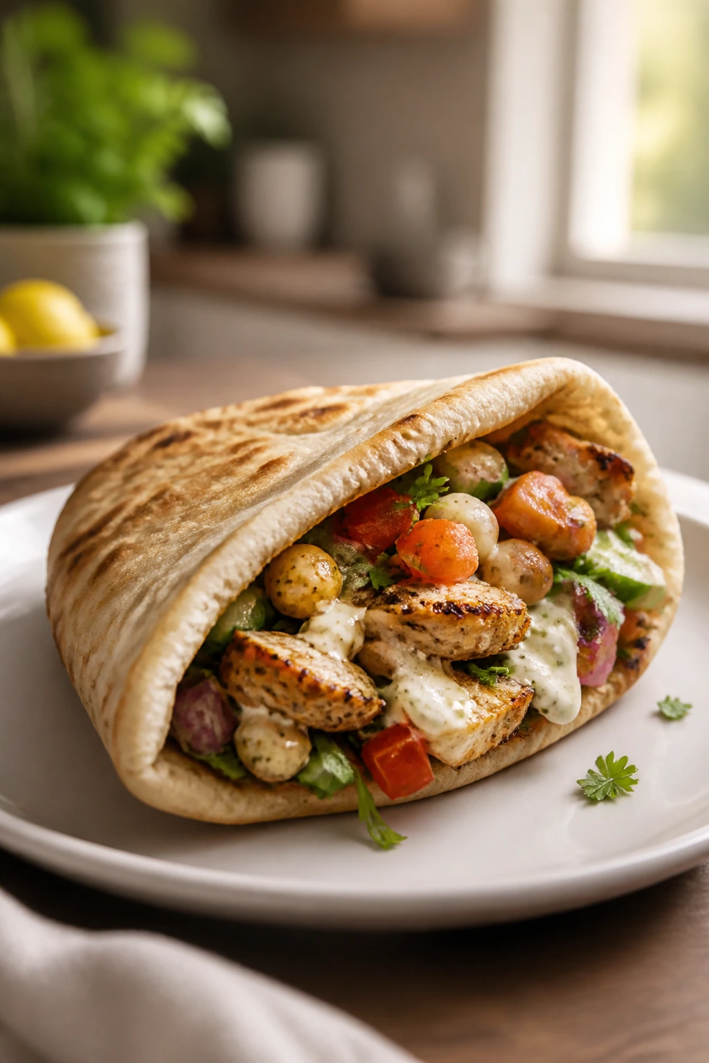 Perfectly folded pita pocket on a plate in a warm kitchen setting