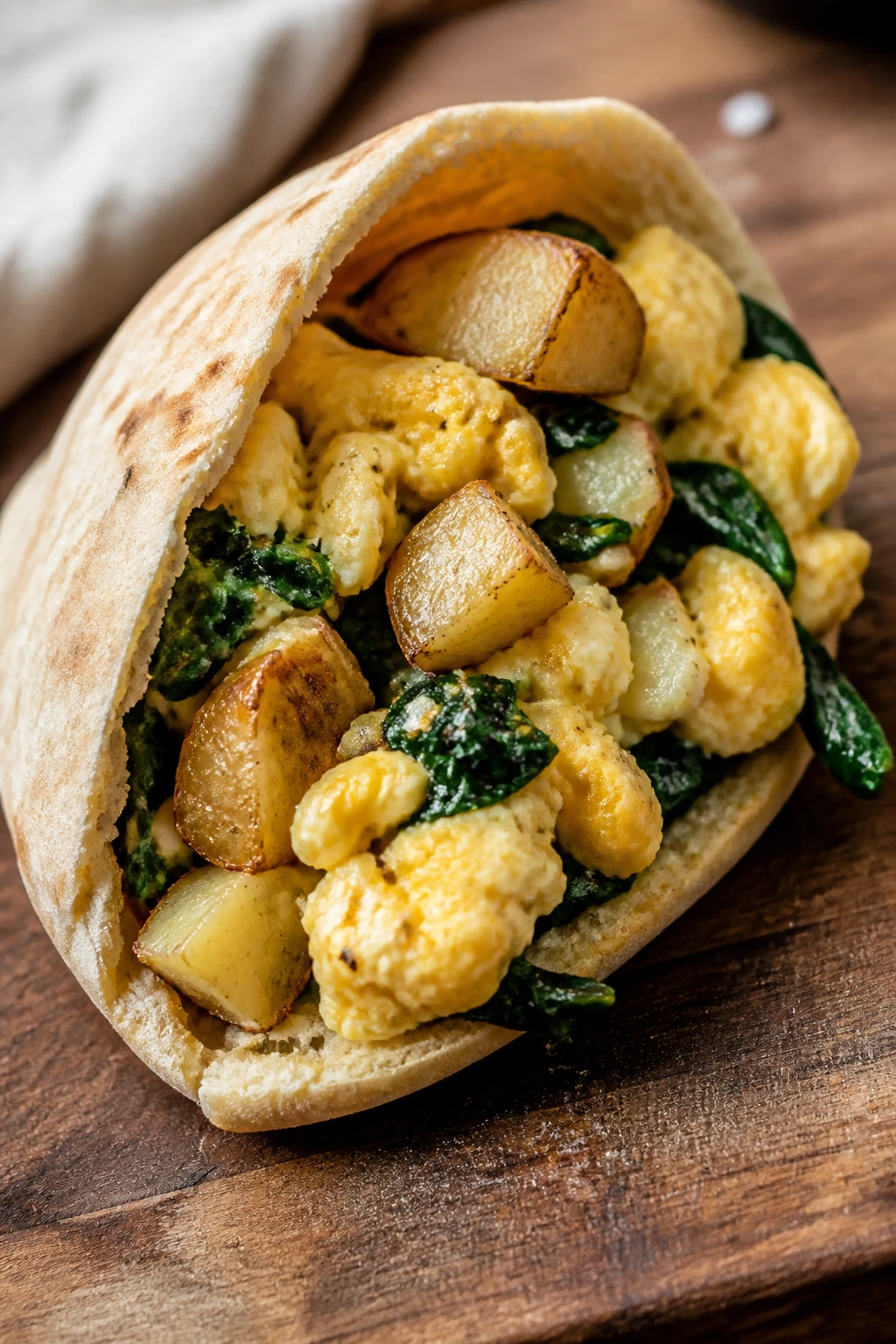 Close-up of a pita stuffed with eggs, potatoes, and greens