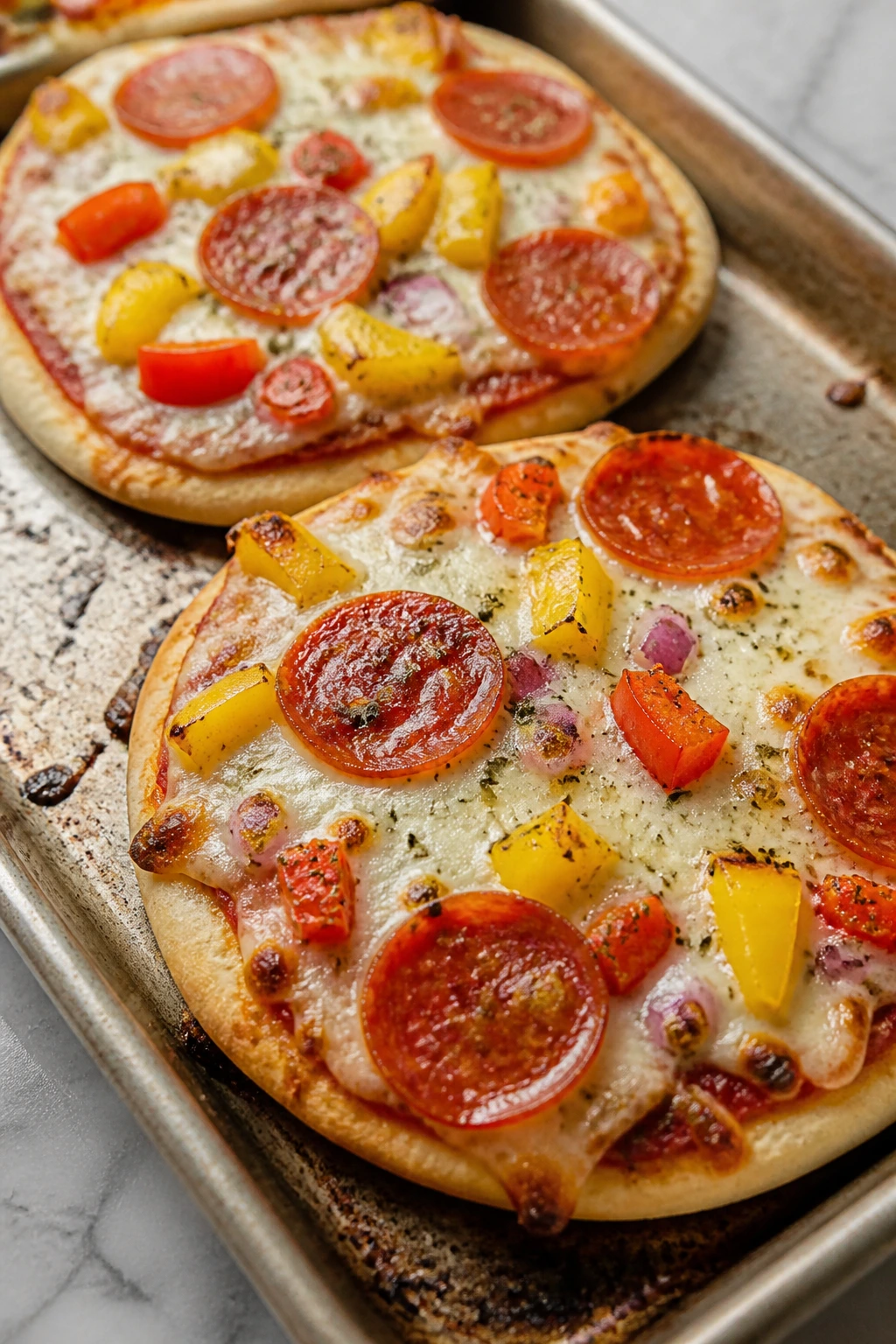 Two mini pita pizzas with melted cheese on a baking sheet