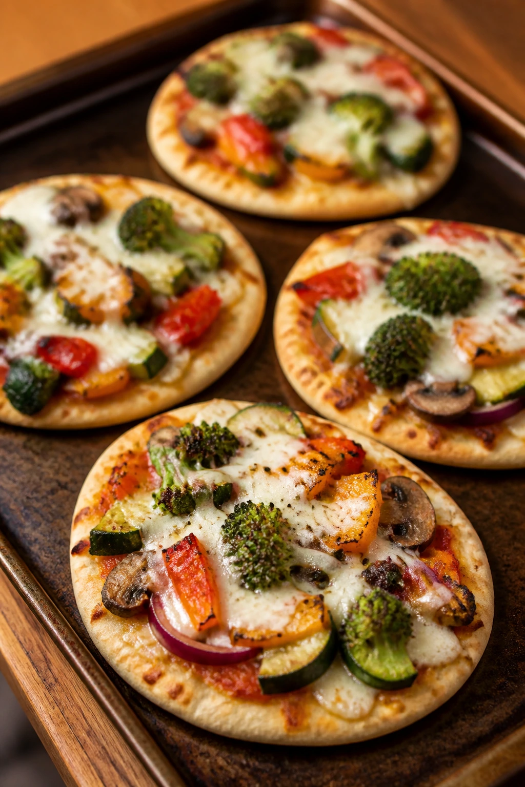 Pita pizzas with mozzarella and vegetables on a baking sheet