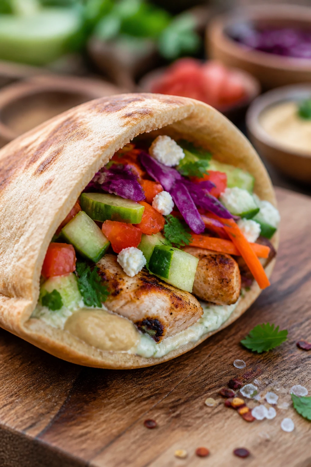 Close-up of a pita pocket opened to show varied fillings in a kitchen