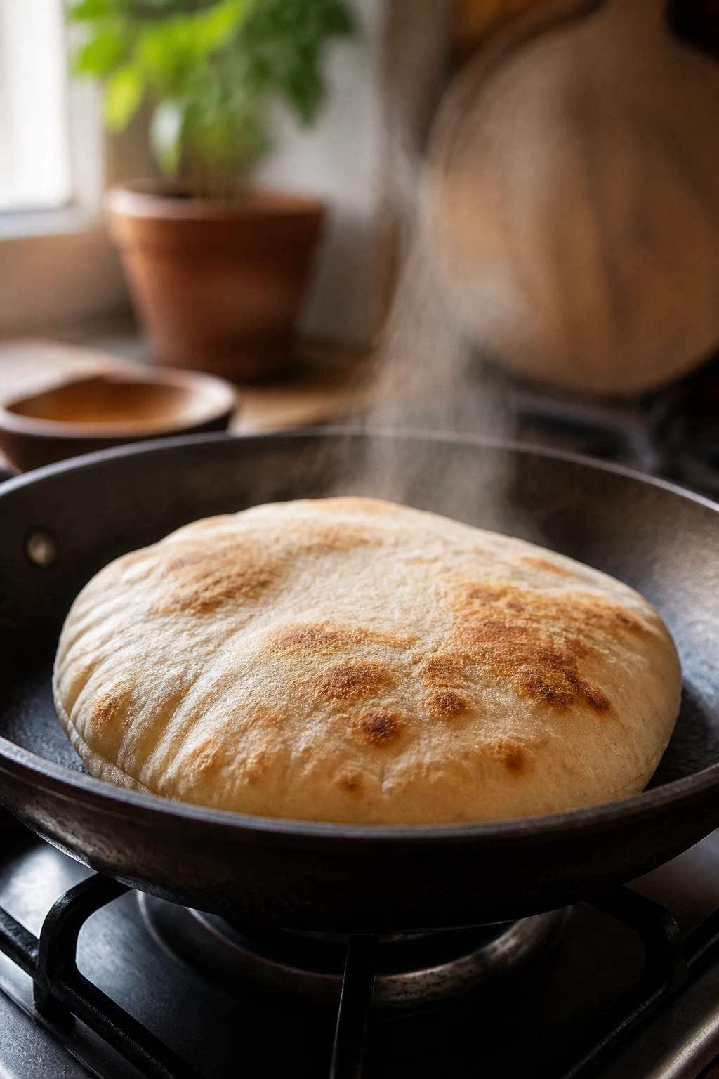 Pita warming in a skillet on a stove in a kitchen