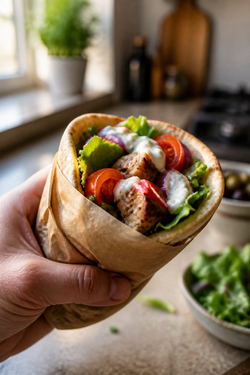 Hand holding a neatly wrapped pita pocket with filling visible