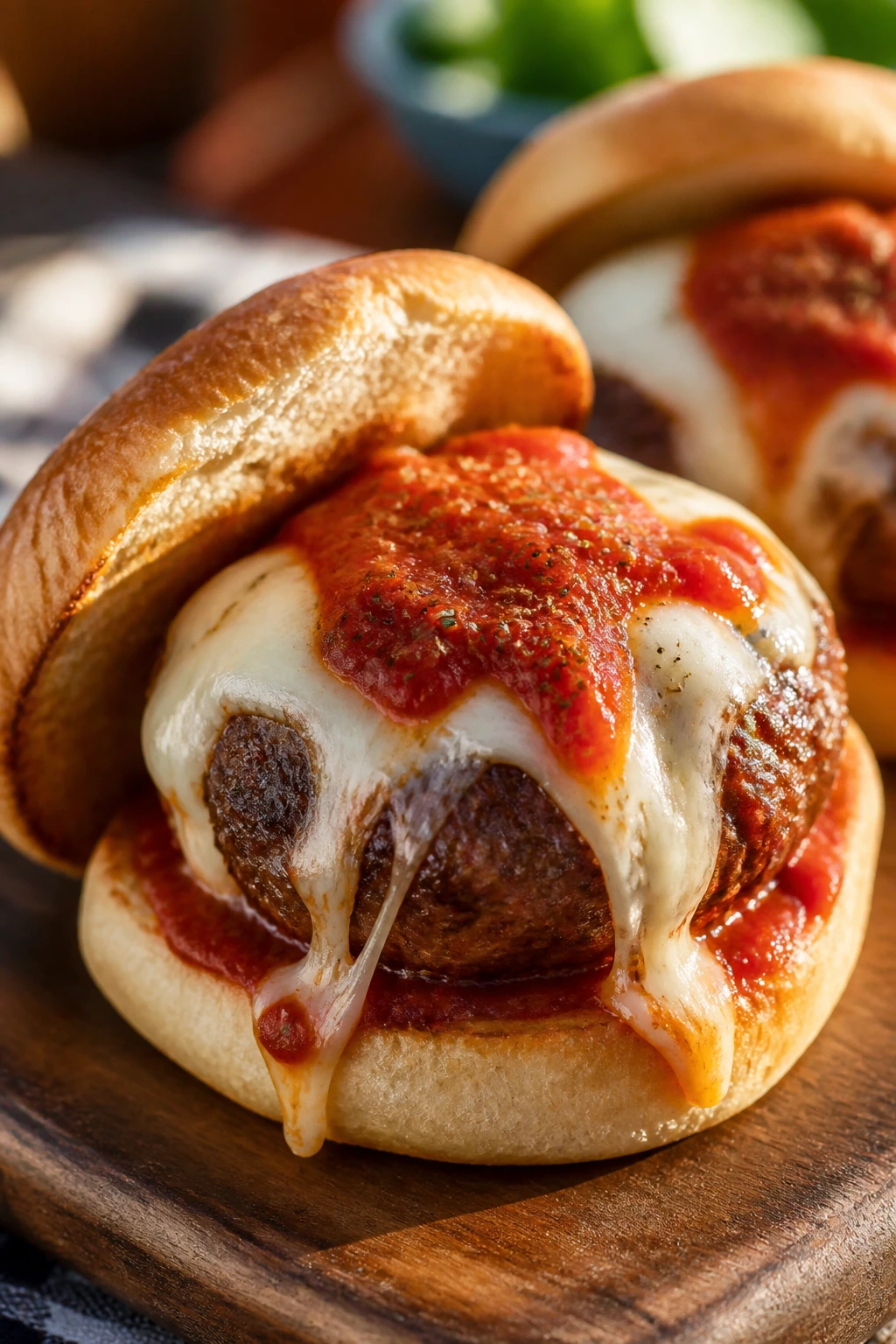 Close-up of pizza-inspired burger with marinara and mozzarella