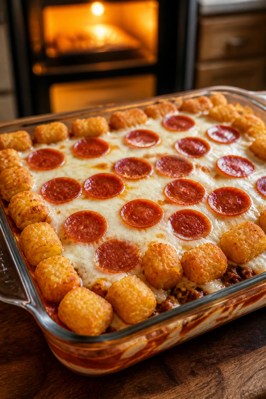 Close-up of pizza-inspired tater tot casserole with cheese and pepperoni on top