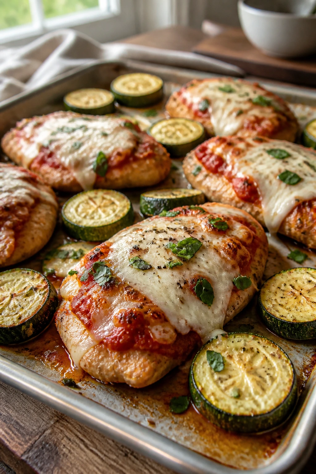 Close-up of Pizza Chicken Cutlets with Zucchini and Mozzarella on sheet pan in a warm kitchen