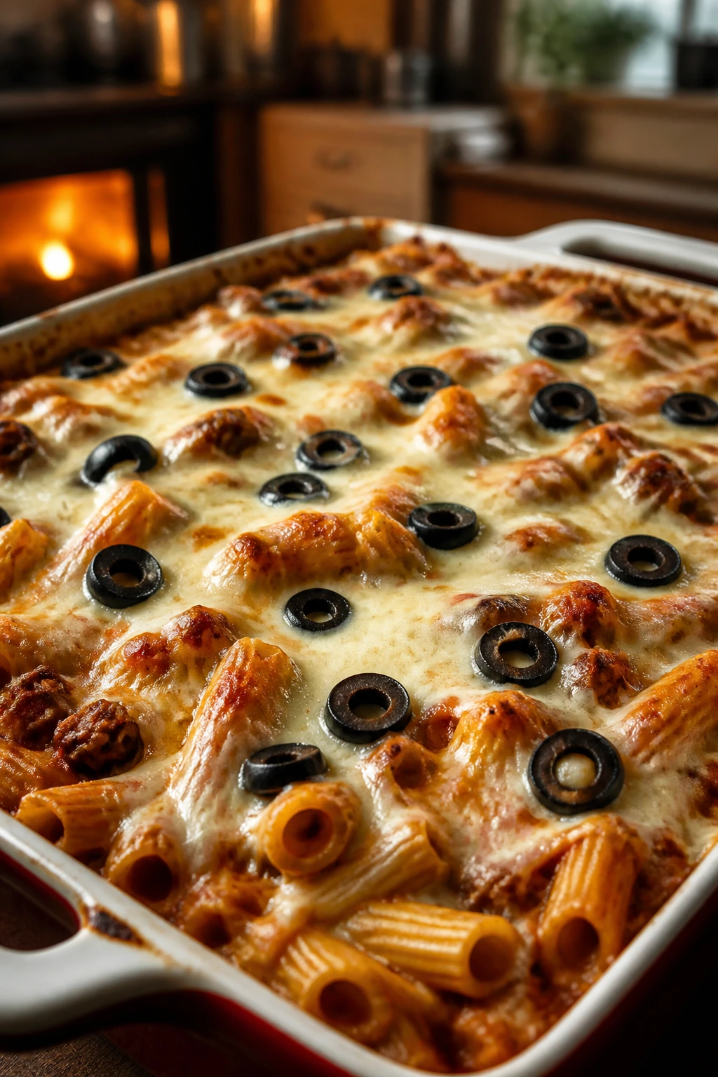 Close-up of a baking dish with melted mozzarella topping and olives on a pasta bake