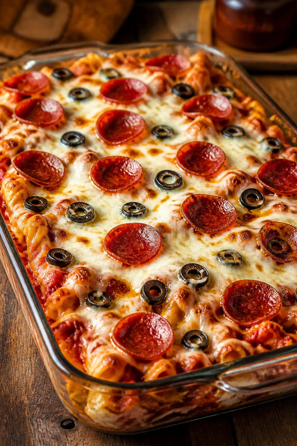 Close-up of bubbling pizza pasta bake with pepperoni and olives in a glass baking dish