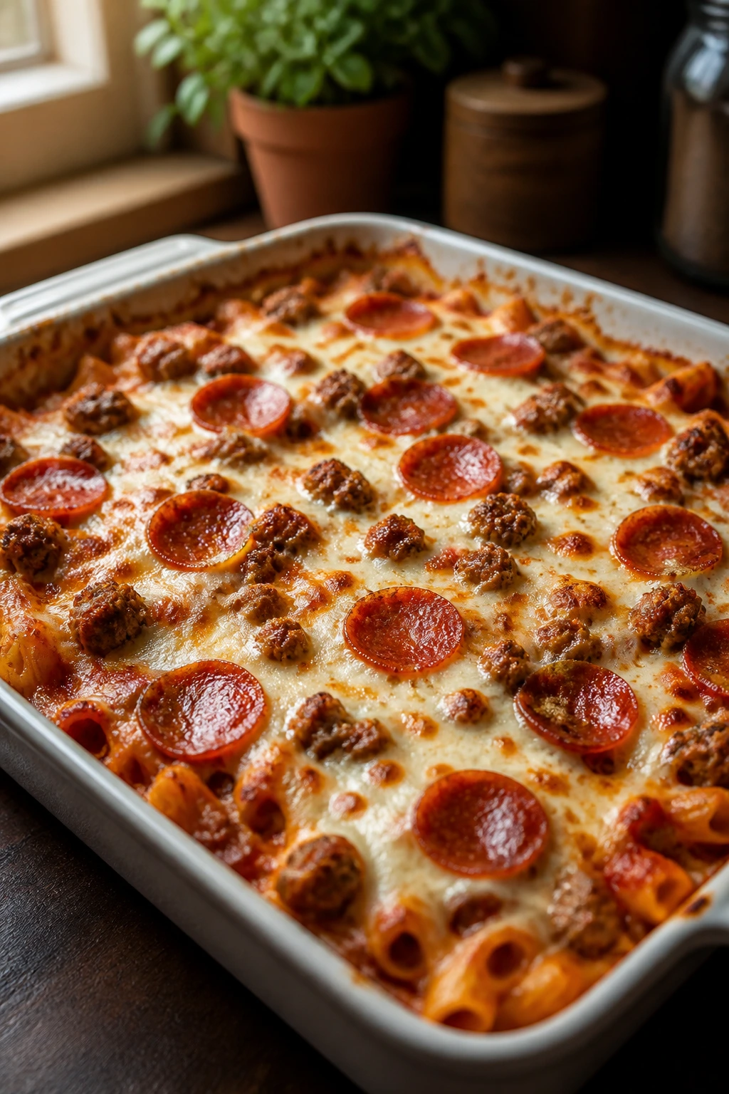 Pizza-inspired pasta casserole with sausage and pepperoni in a bake dish