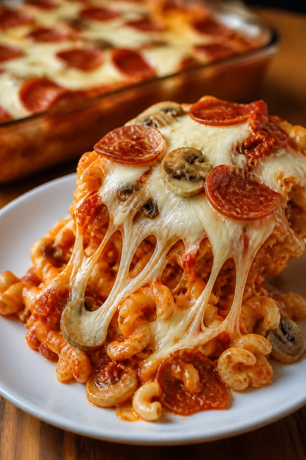 Slice of pizza pasta casserole on a plate with melted cheese and pepperoni