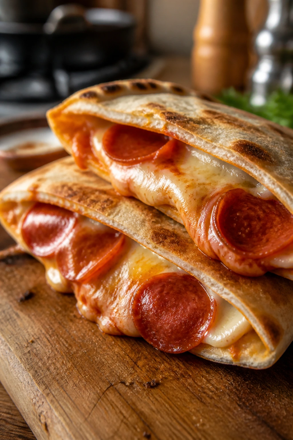 Pita melt with cheese and pepperoni on a cutting board