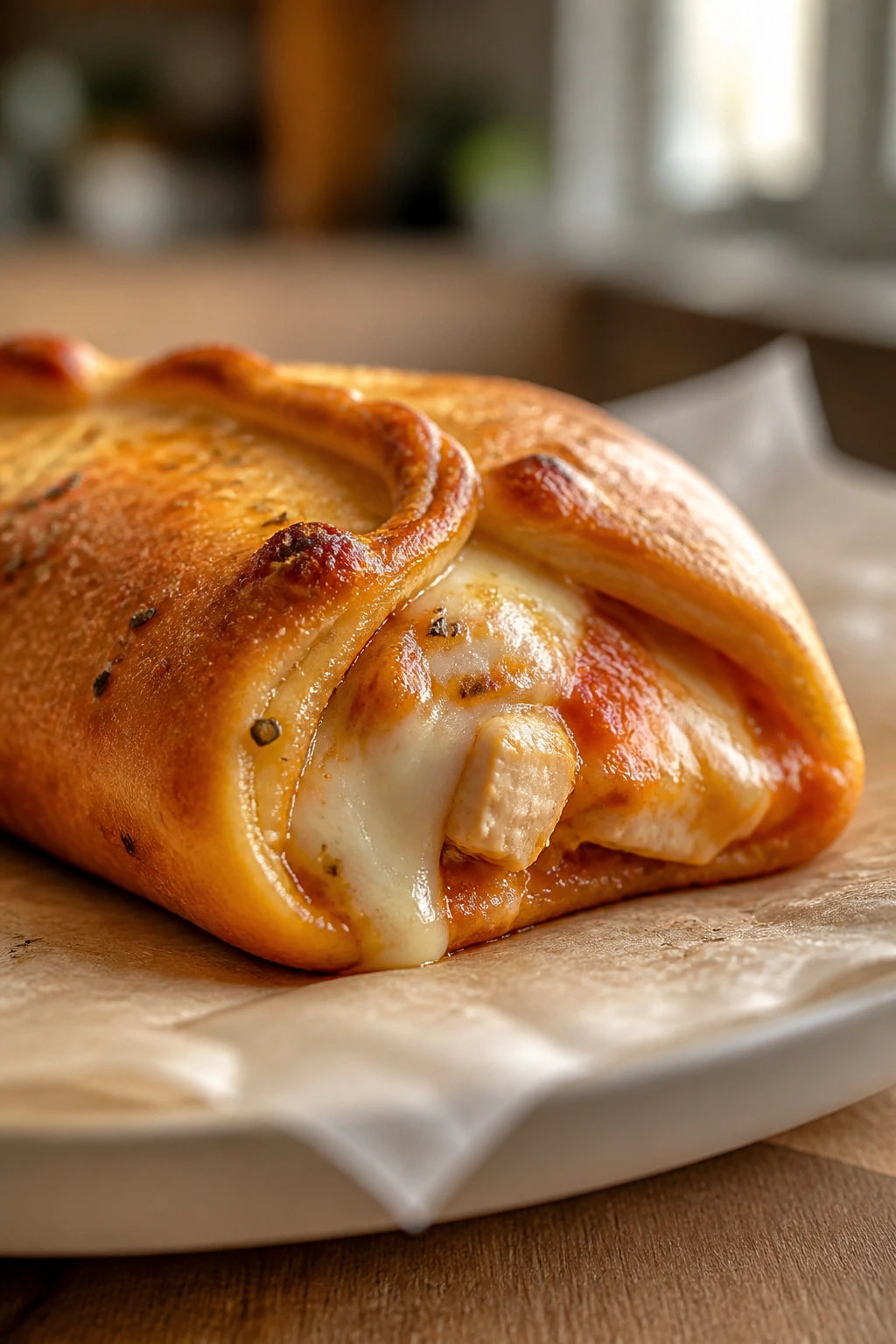 Close-up of a golden baked cheesy chicken pizza pocket with melted cheese