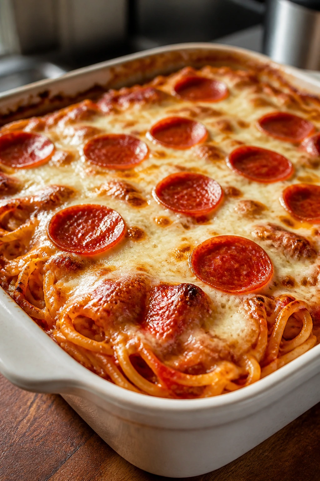 Baked spaghetti with pepperoni and mozzarella on a baking dish