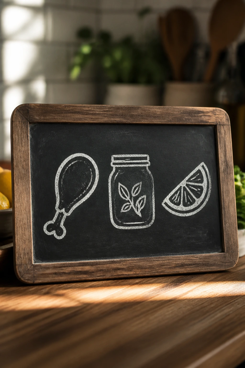 Chalkboard with three simple icons representing a plan for fast dinners in a warm kitchen