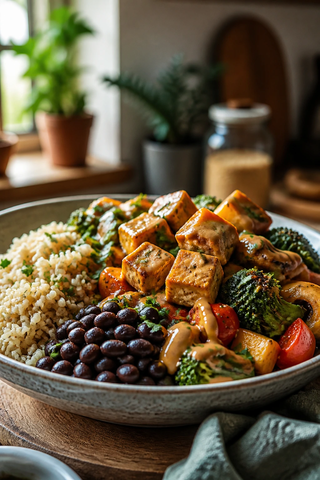 Close-up of a colorful plant-based dinner bowl in a warm kitchen with grains beans and vegetables