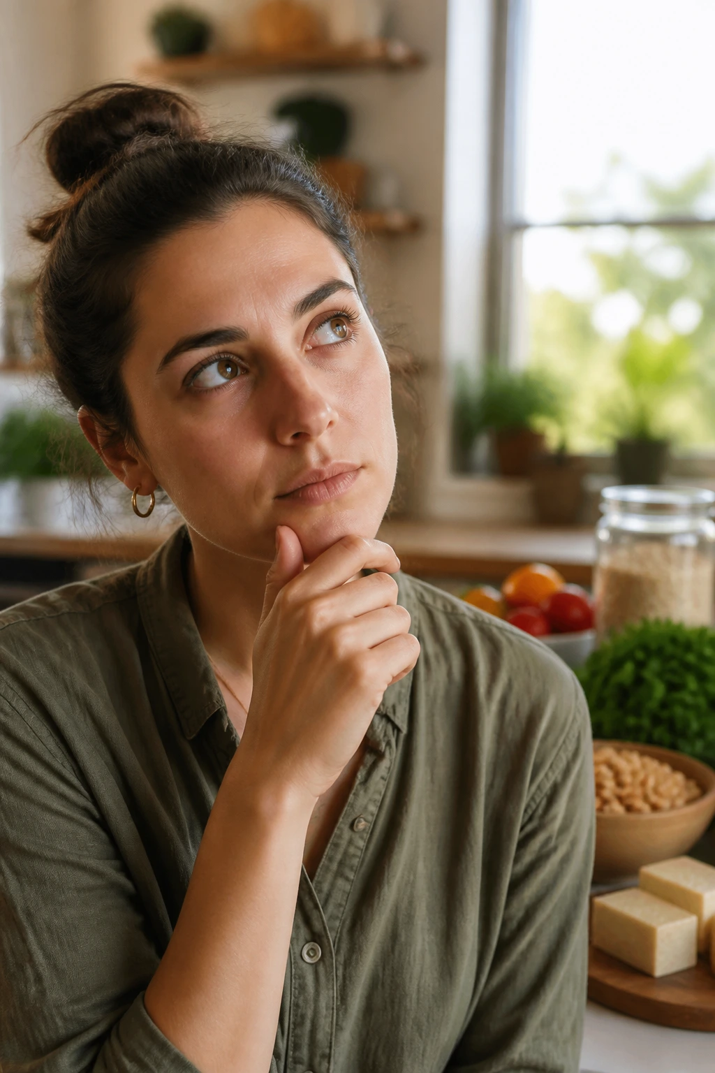 Portrait of a real person in a cozy kitchen contemplating plant-based dinner FAQs