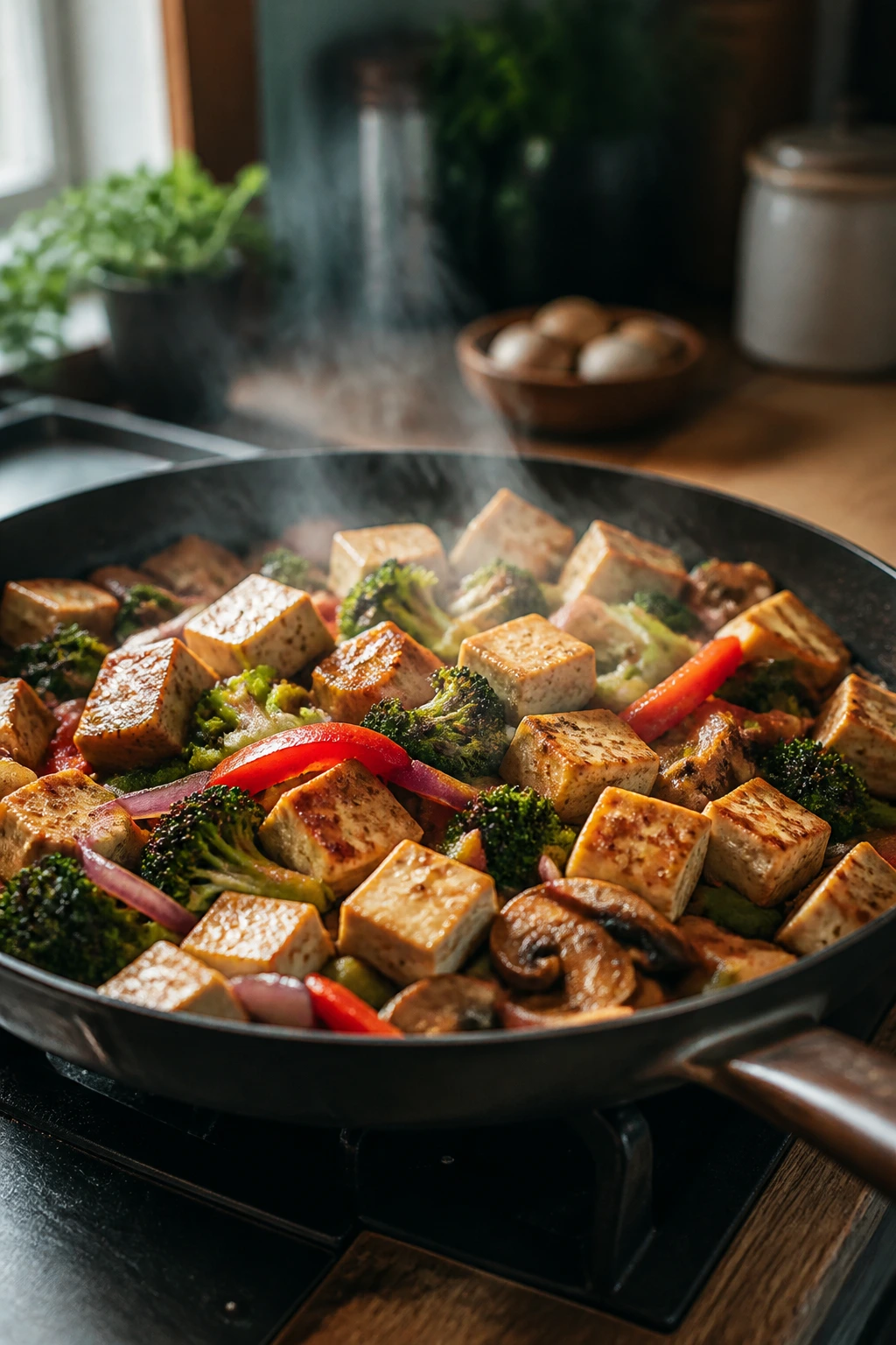 Close-up of a crowded skillet with vegetables and tofu browning in a home kitchen
