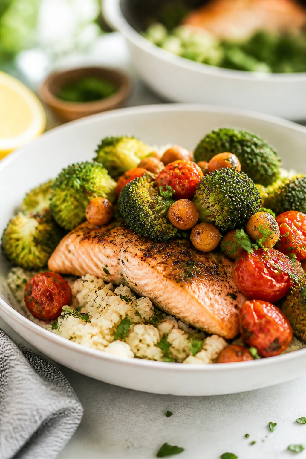 Close-up of a well-layered plate showing grains, protein, and vegetables