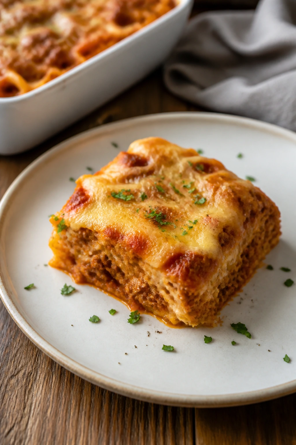 Plated casserole square ready to serve with herbs.