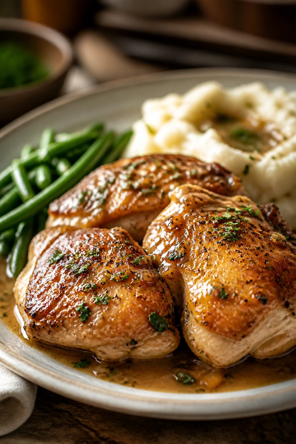 Plated chicken dinner on a rustic table, representing a go-to dinner rotation
